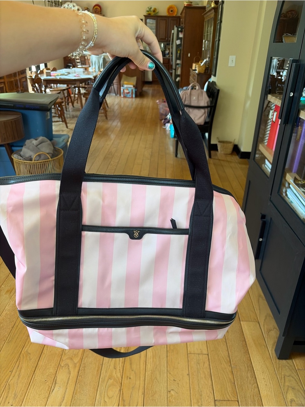 Pink Striped Travel Tote Bag with Black Trim